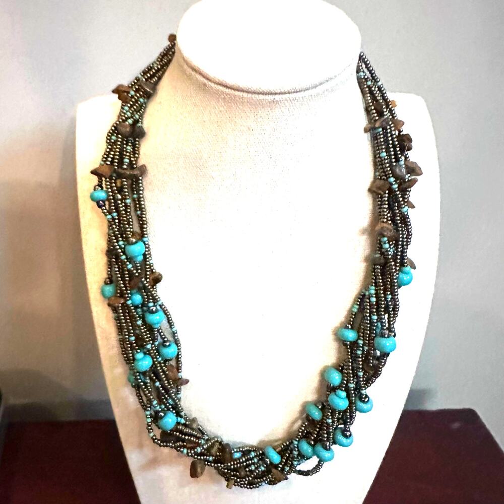 Brown BLue Glass Beaded Necklace Multi strand Boho Western Bronze Jewelry